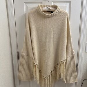 Vintage SPIEGEL Cream BOHO Dream Fringe Poncho Sweater - Gorgeous! Dolman Sleeve